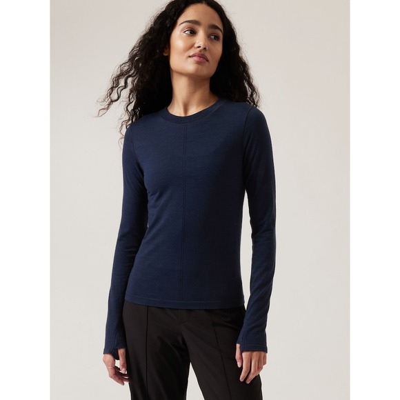 Athleta Tops - Athleta Ascent Seamless Top Navy Blue Wool Blend Long Sleeve Thumbholes Small